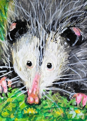 ORIGINAL ACEO Painting OPOSSUM SPRING Animal Flowers Posum Nature ATC ART