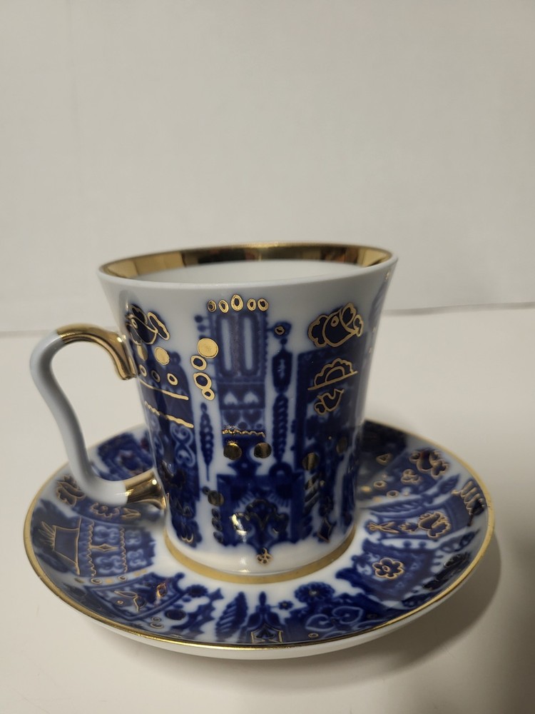 MINT Vintage Lomonosov Russian Porcelain Birds Blue Gold Gilt Cup & Saucer Set