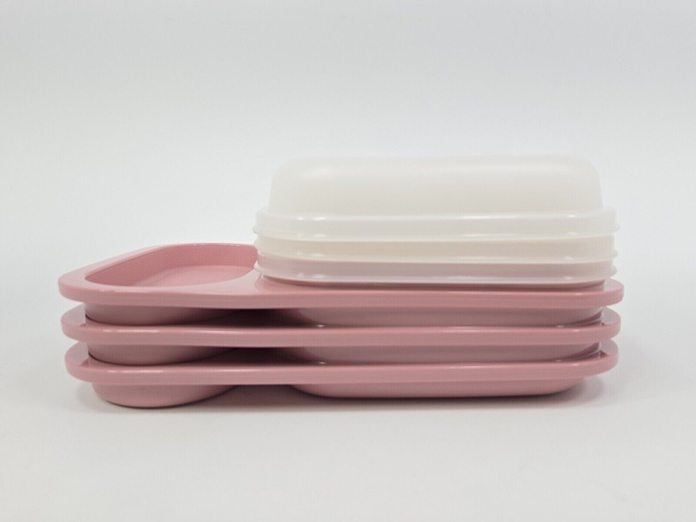 Tupperware Meal Mates 1837 Dusty Rose Pink Divided Trays with Lids Set of 3 New