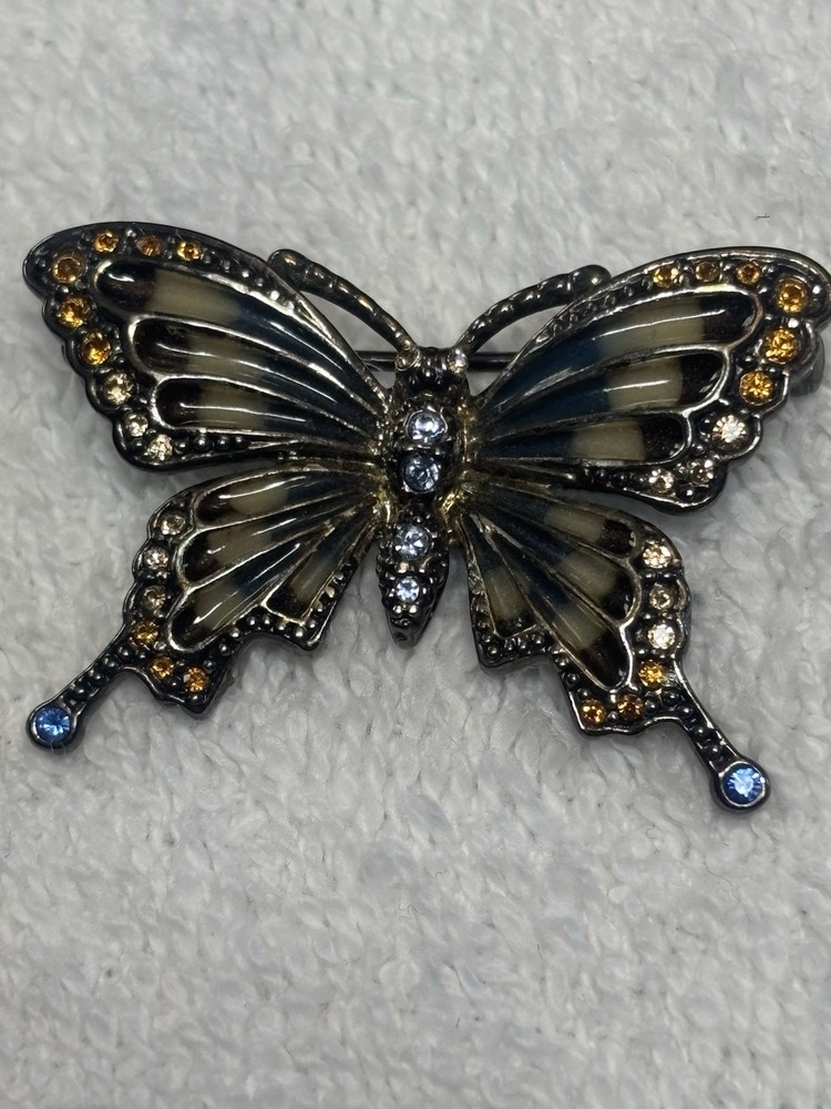 Vintage Monet Signed Butterfly Brooch Enamel Silvertone Yellow Blue Rhinestones
