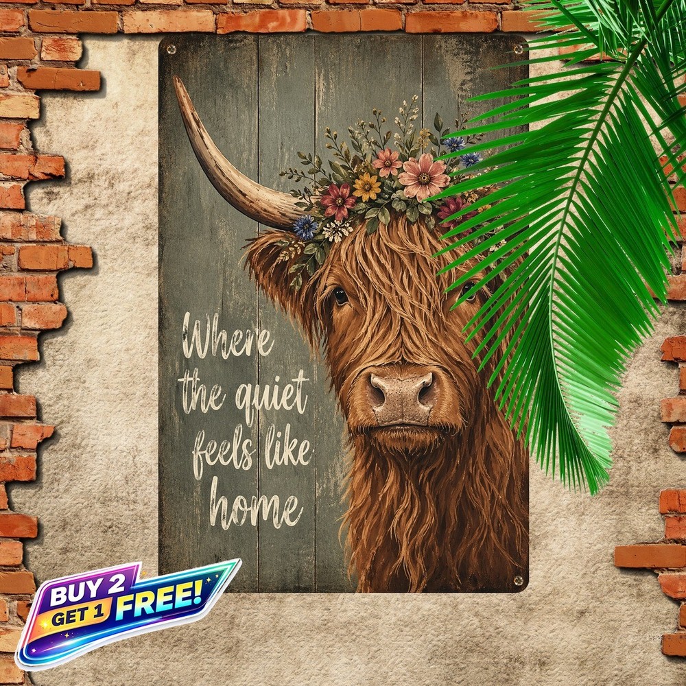 Floral Crown Highland Cow Portrait Farmhouse Metal Tin Sign