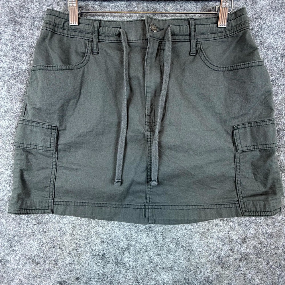 Hollister Mini Skirt Women Large Dark Gray Cargo Pockets Drawstring Y2K Grunge