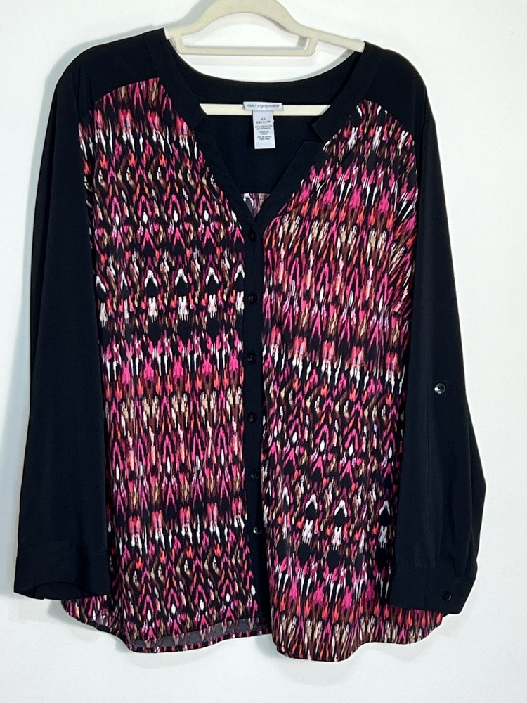 Catherines Blouse Women’s 2X Black Pink Geometric Lightweight Button Up