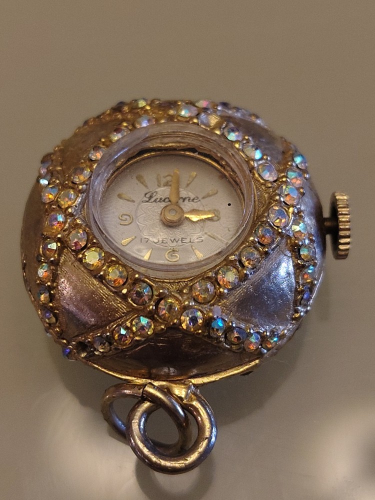 Vintage Rhinestone Gold Town And Crystal Timepiece Pendant