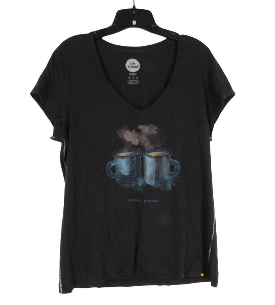 LIFE IS GOOD Black COMMON GROUND COFFEE V-Neck FITTED Jersey Knit T-SHIRT/TEE L