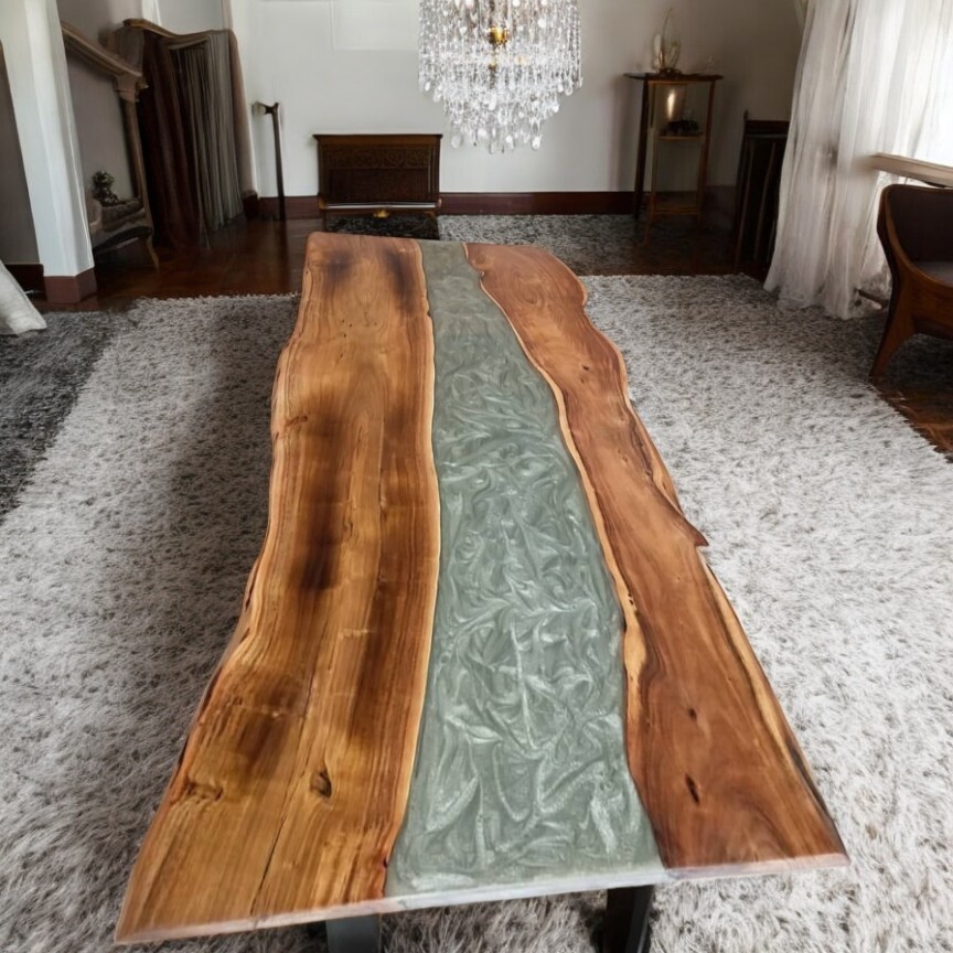 60 Inch Gray Epoxy Resin Sofa Table with Natural Acacia Wood Live Edge-image