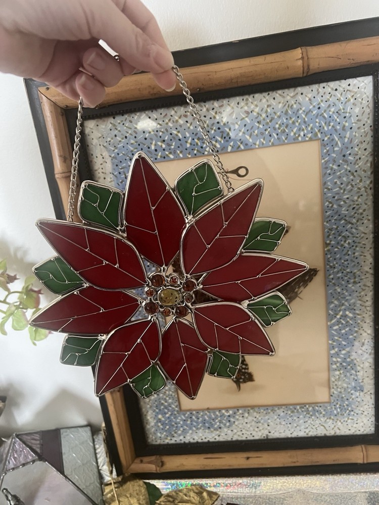Vintage Stained Glass Cross with Red Poinsettia Design Window Sun Catcher