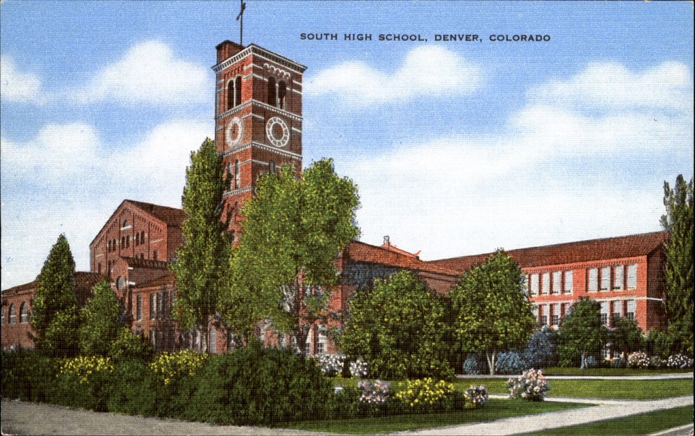 South High School ~ Denver Colorado ~ 1940s linen postcard