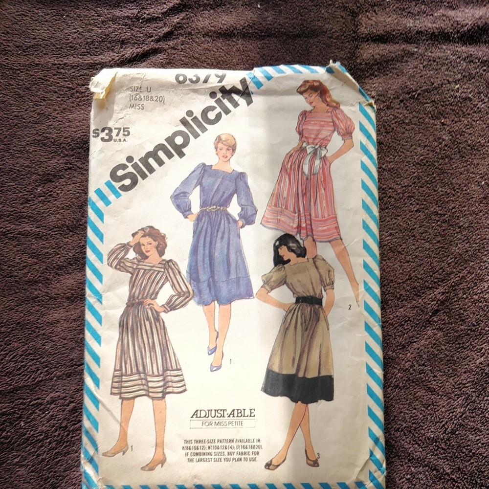 6379 Simplicity Vintage SEWING Pattern Misses 1980s Dress Sleeve Variations 10