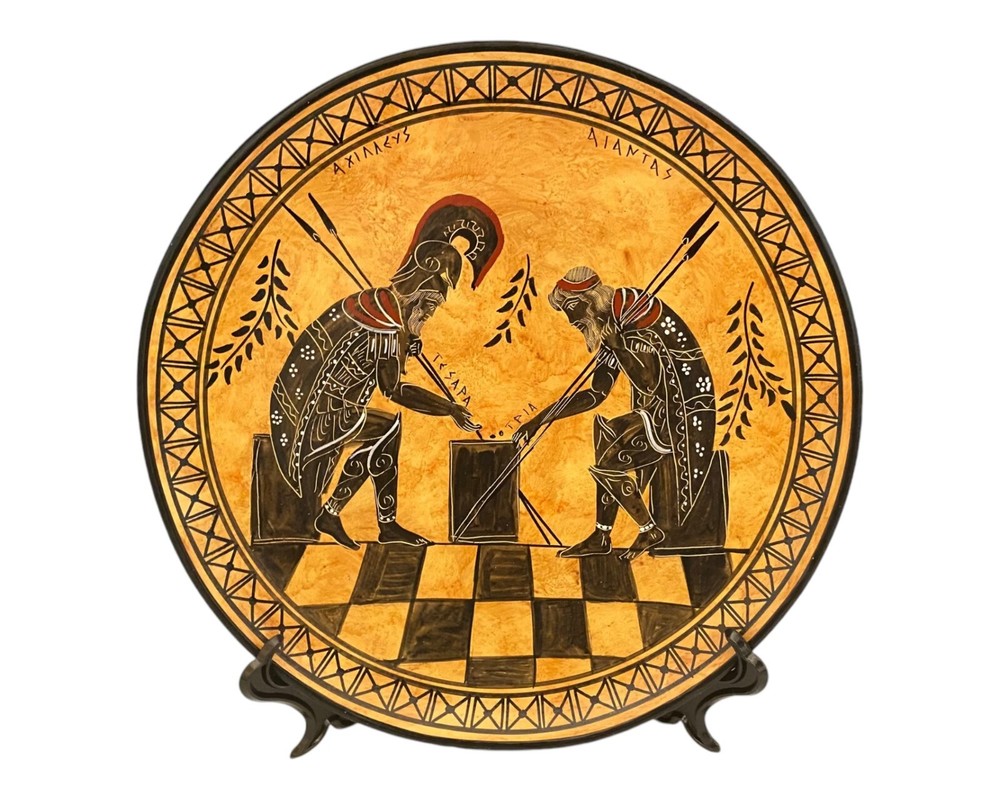 Ajax and Achilles,Greek ceramic plate 24cm,Black figure pottery-image