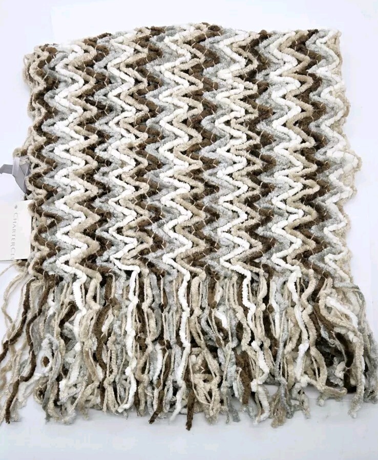 Charter Club Womens Scarf Brown Tan Cocoa Soft Chenille Zigzag Weave Fringed NWT