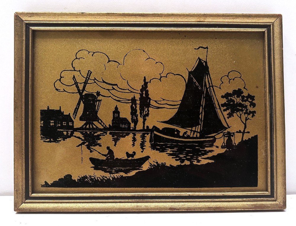 1930’s Reverse Painted Silhouette on Glass Holland Windmill & Sailboat