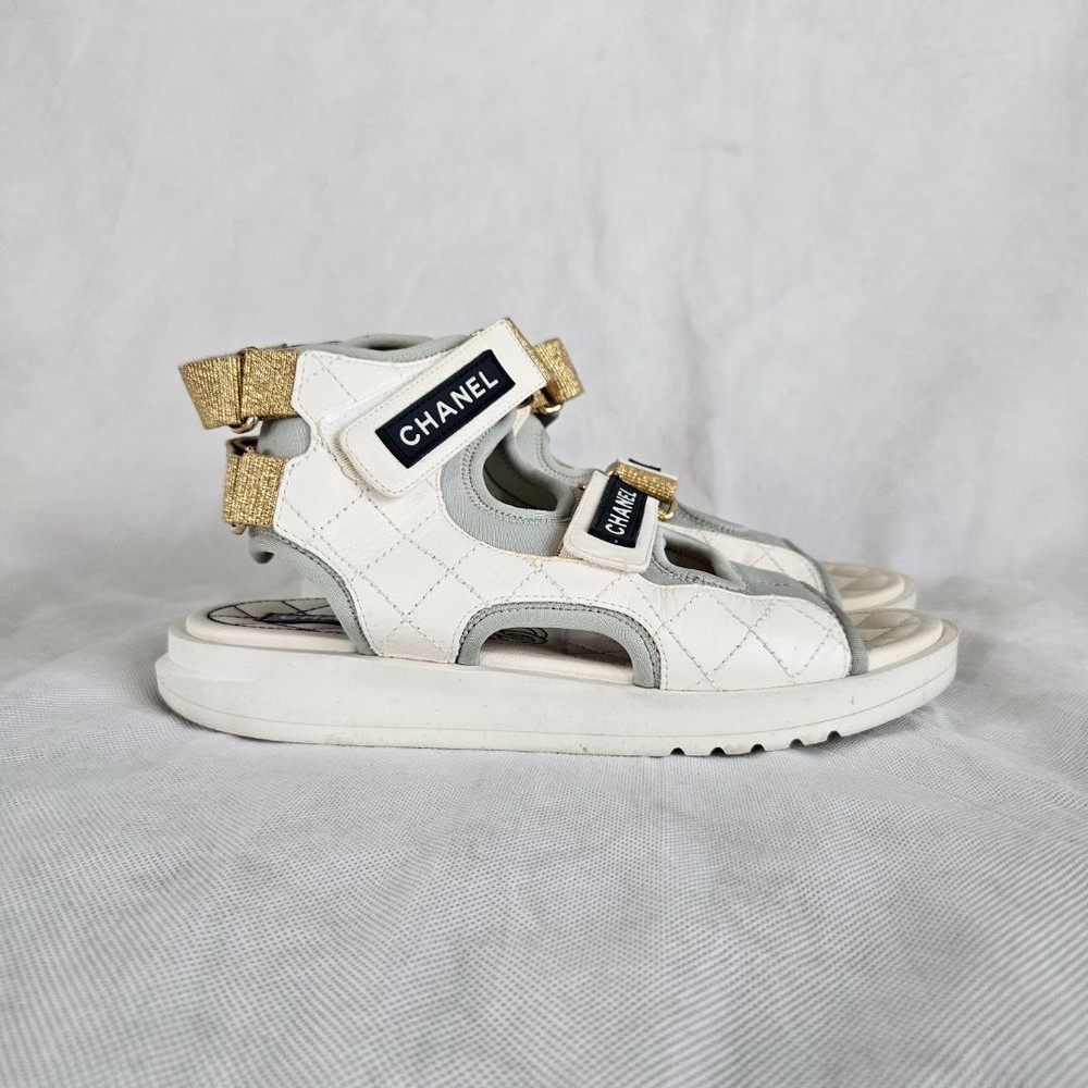 Chanel 21P WhiteGrey Cocomark CC TEva Dad Sport Sandals, size 38C