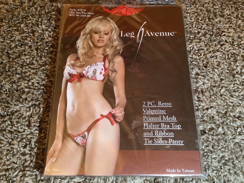 Leg Avenue 2 pc retro valentine mesh bra top & ribbon tie sides panty, One Size
