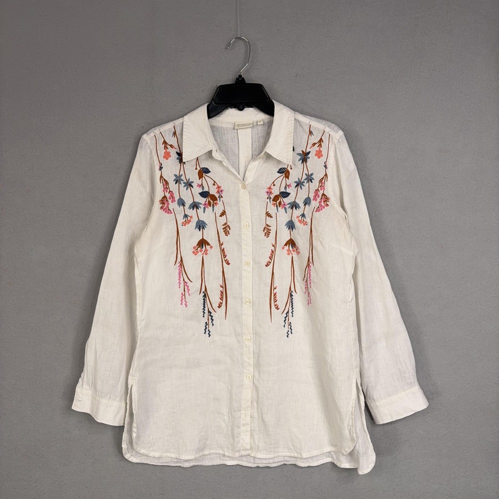 Spartina 449 Shirt Womens Medium White Ada Linen Embroidered Floral Tunic Boho