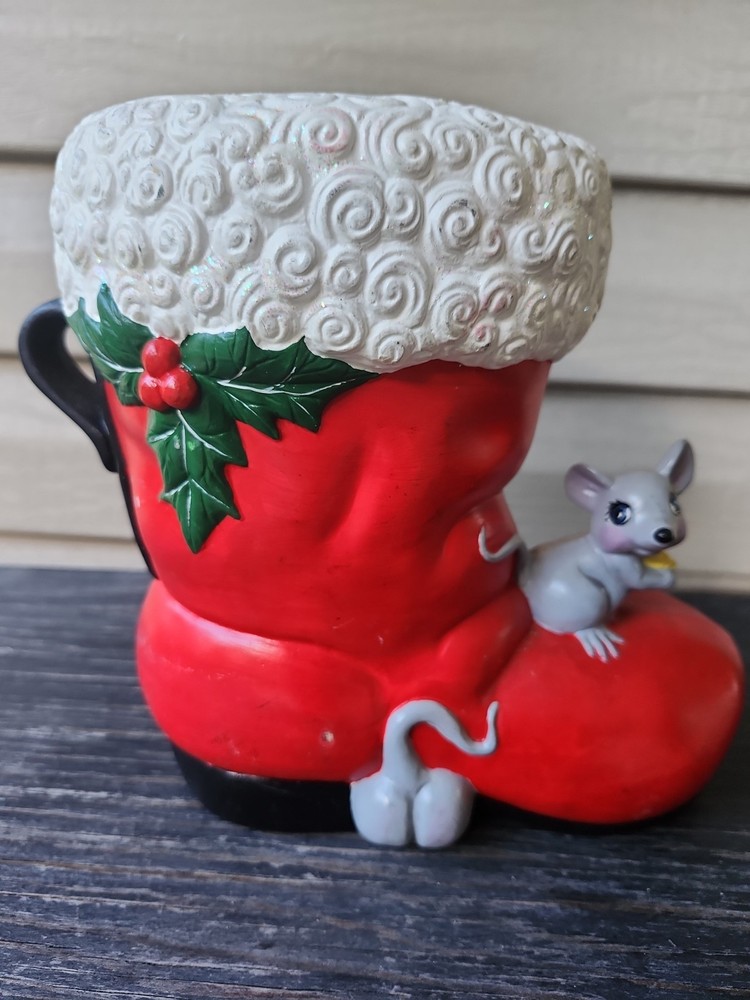 Vintage Christmas Ceramic Santa Claus Boot Planter With Mice Hand Painted 7