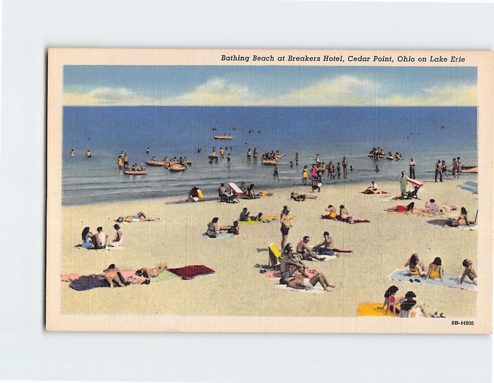 Postcard Bathing Beach at Breakers Hotel Cedar Point on Lake Erie Ohio USA