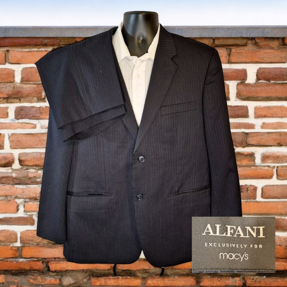 Alfani 2 Piece Suit Mens 44R 38X28 Black Pinstripe Double Vent Wool