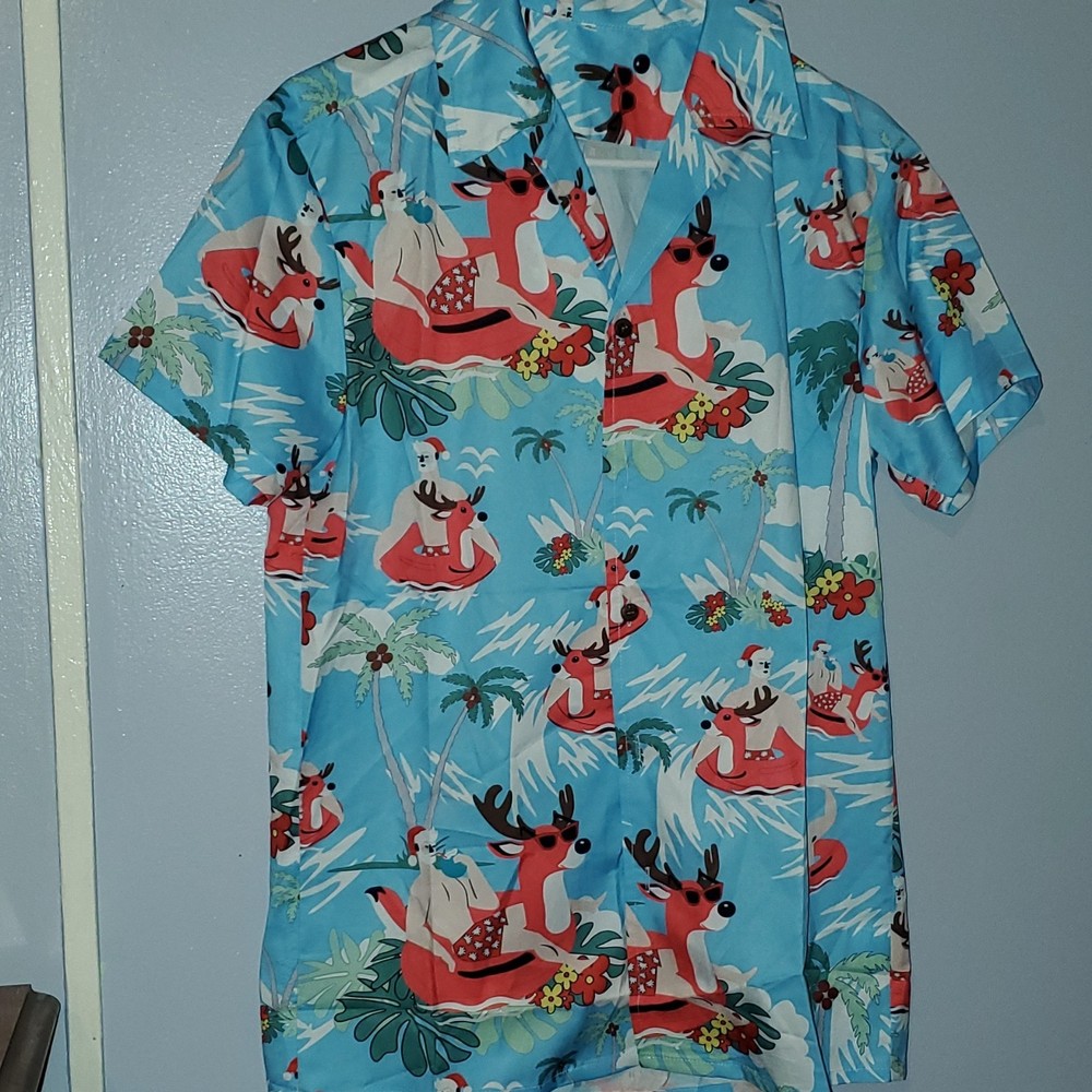 Men's Hawaiian Novelty Print Button-Up Shirt Blue/Multicolor Short Sleeve S