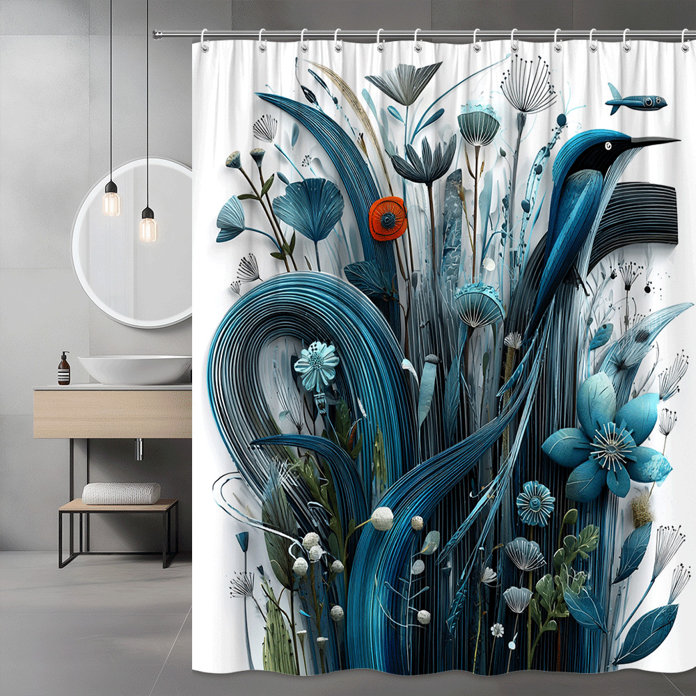 Blue Floral Abstract Shower Curtain, Modern Botanical Print