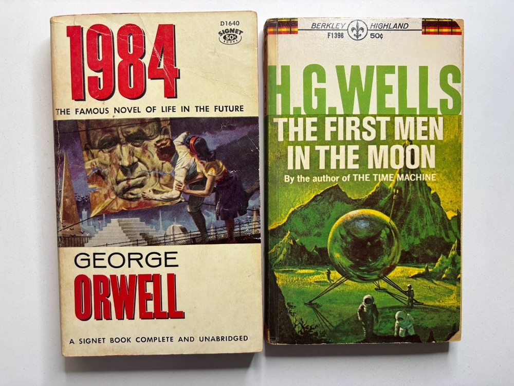 2 vintage sci-fi paperbacks: Orwell, 1984; H.G. Wells, First Men in the Moon