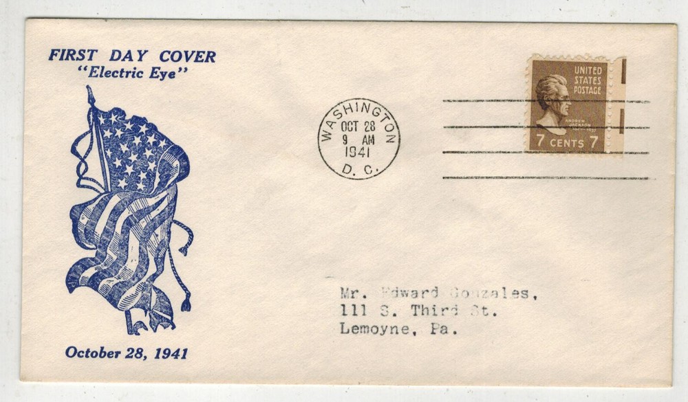 1941 PRESIDENTIAL SERIES IOOR ELECTRIC EYE FDC 812 ANDREW JACKSON