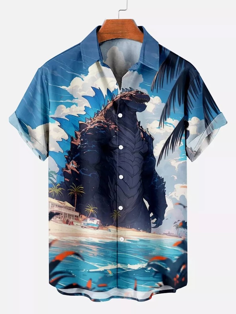 Vintage Godzilla Sea Monster 3D Print Men's Hawaiian Button-Up Shirt Gift