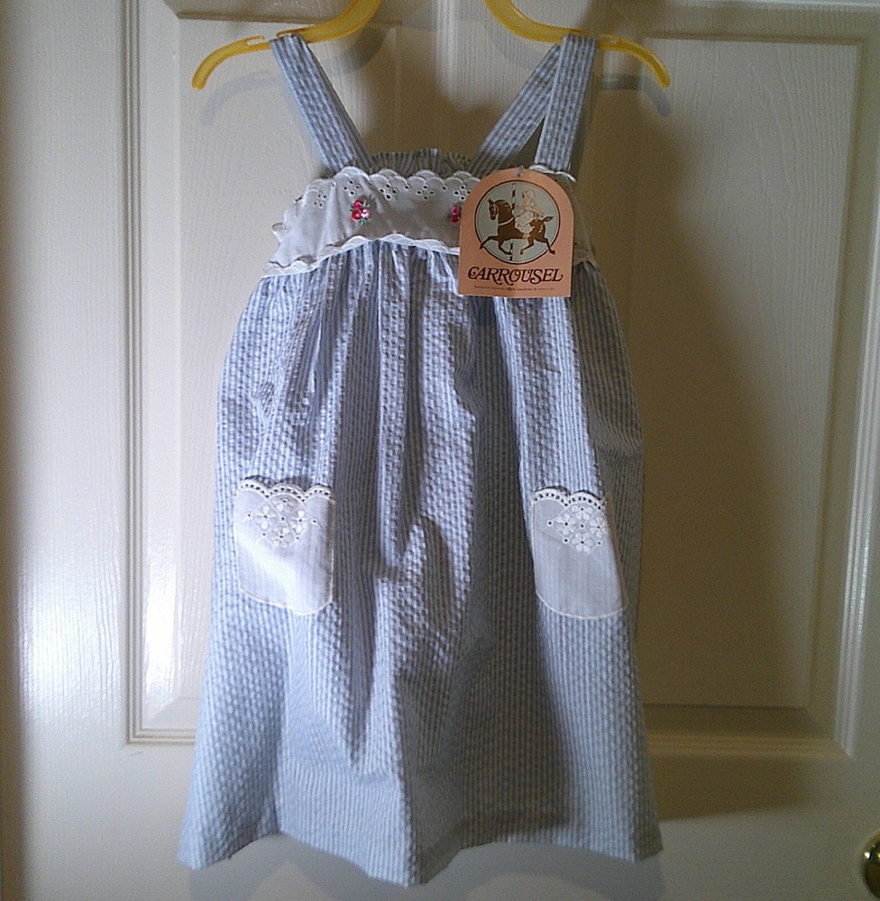 Vintage 1970s Girls Blue Seersucker Sundress CARROUSEL Eyelet Lace NWT TAGS sz6