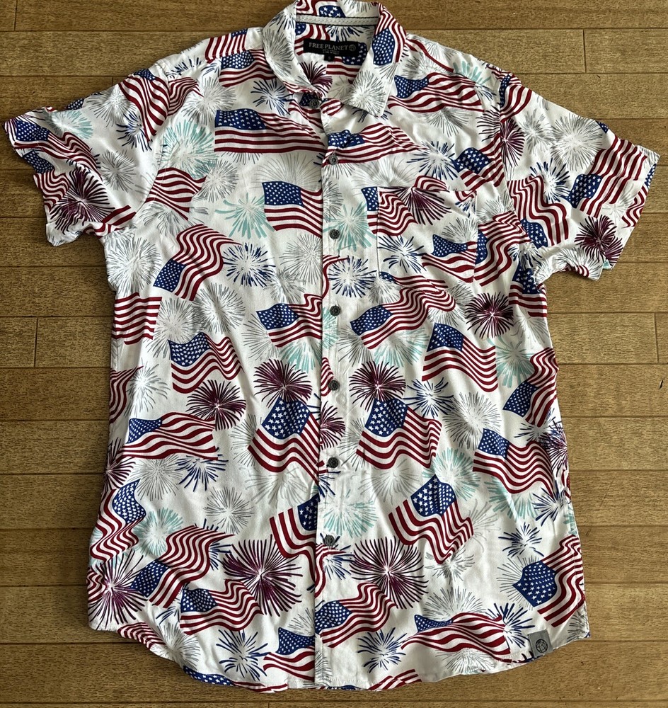 Mens Free Planet Patriotic USA Flags 4th of July Shirt Viscose Button White Sz S
