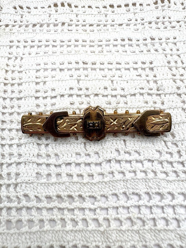 Antique Victorian Gold Filled Seed Pearl Etched Bar Brooch 2” 7g