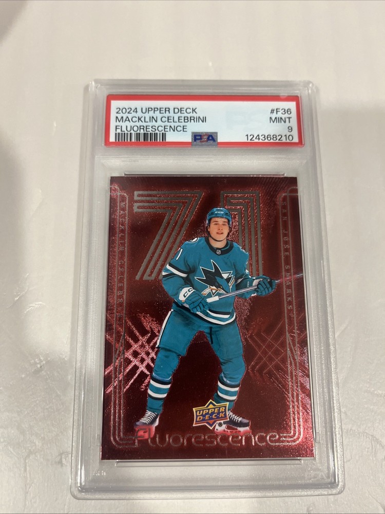 2024-25 Upper Deck Macklin Celebrini Fluorescence Red F-36 PSA 9 RC SHARKS