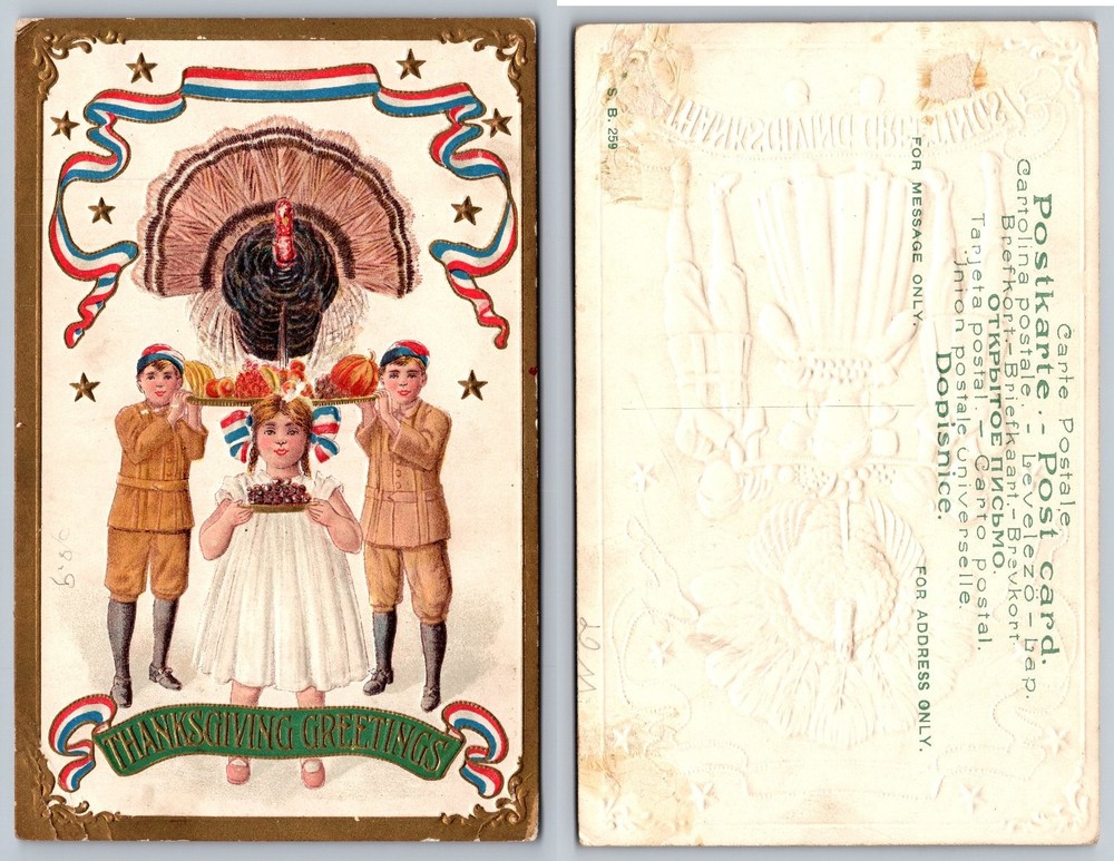 Antique Thanksgiving Greetings Embossed Postcard Turkey Children Harvest
