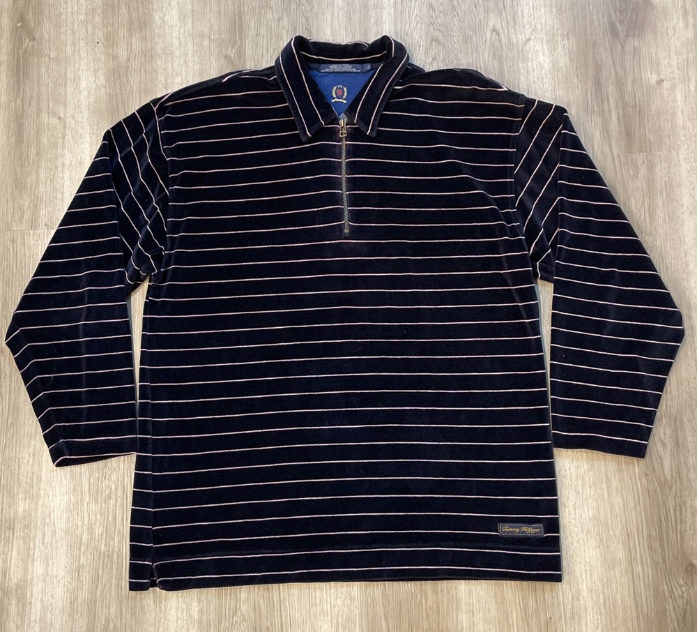 Vintage Tommy Hilfiger Zip Polo Shirt L Y2K Crest Velour Striped Navy & Pink