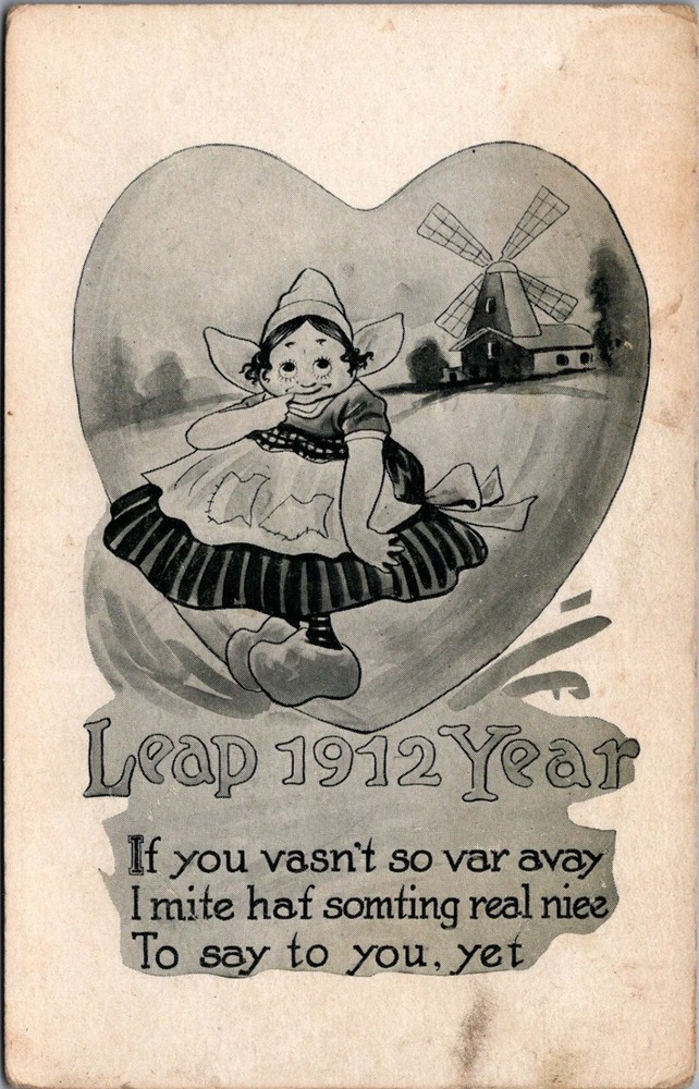1912 Leap Year Postcard Dutch Girl Windmill Poem Vintage Antique