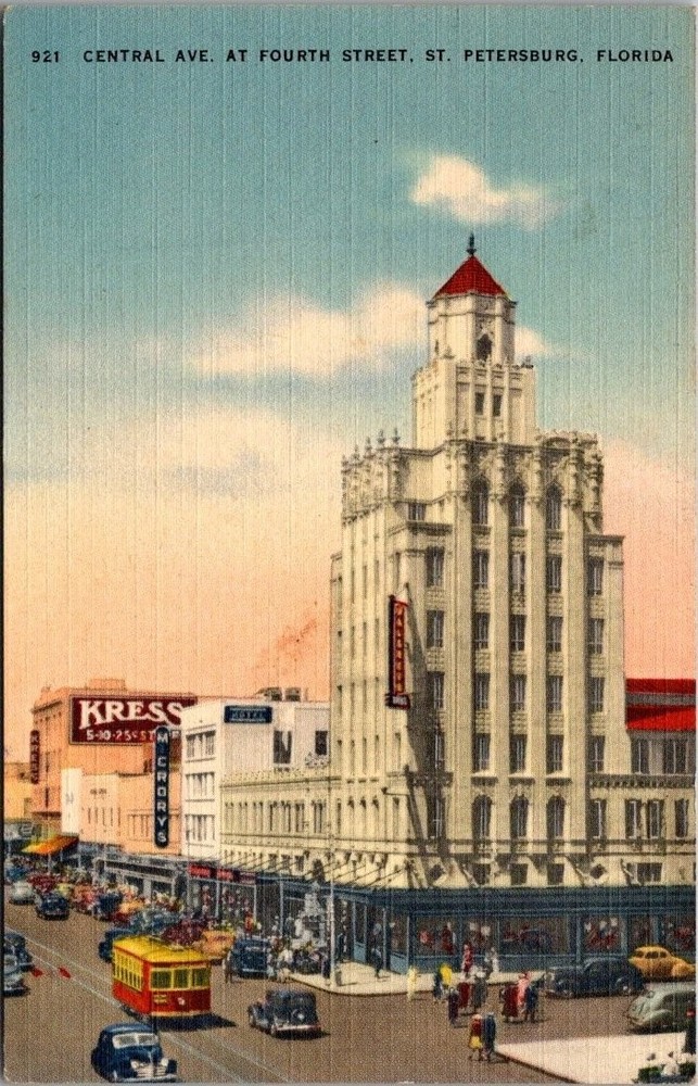 Vintage Linen Postcard St. Petersburg FL Central Ave 4th St Kress Store Trolley