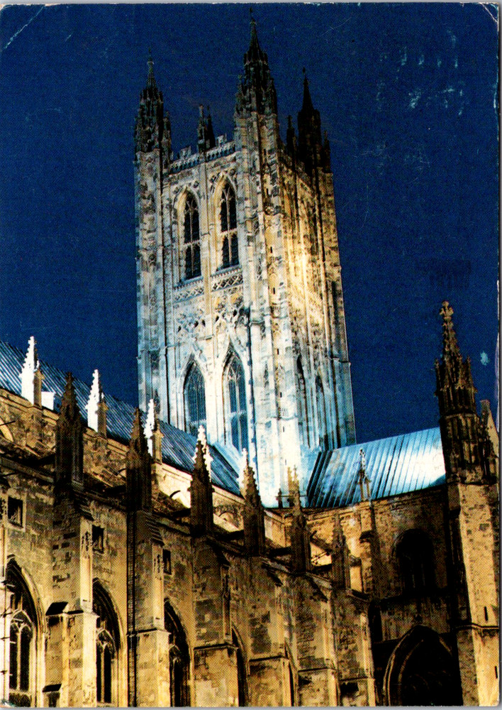 Vintage Postcard Canterbury England Cathedral Bell Harry Tower Night