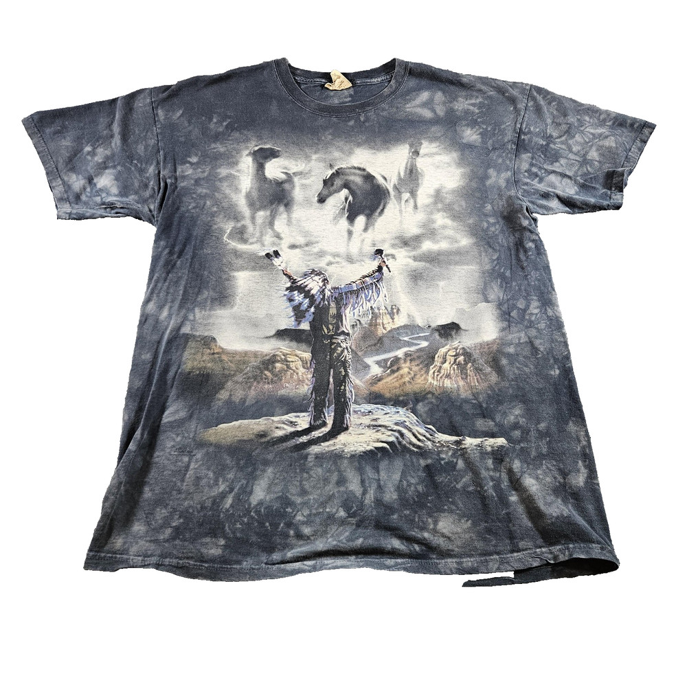 Vintage The Mountain Native American Spirit Horse Shirt Mens XL Gray Tie Dye USA