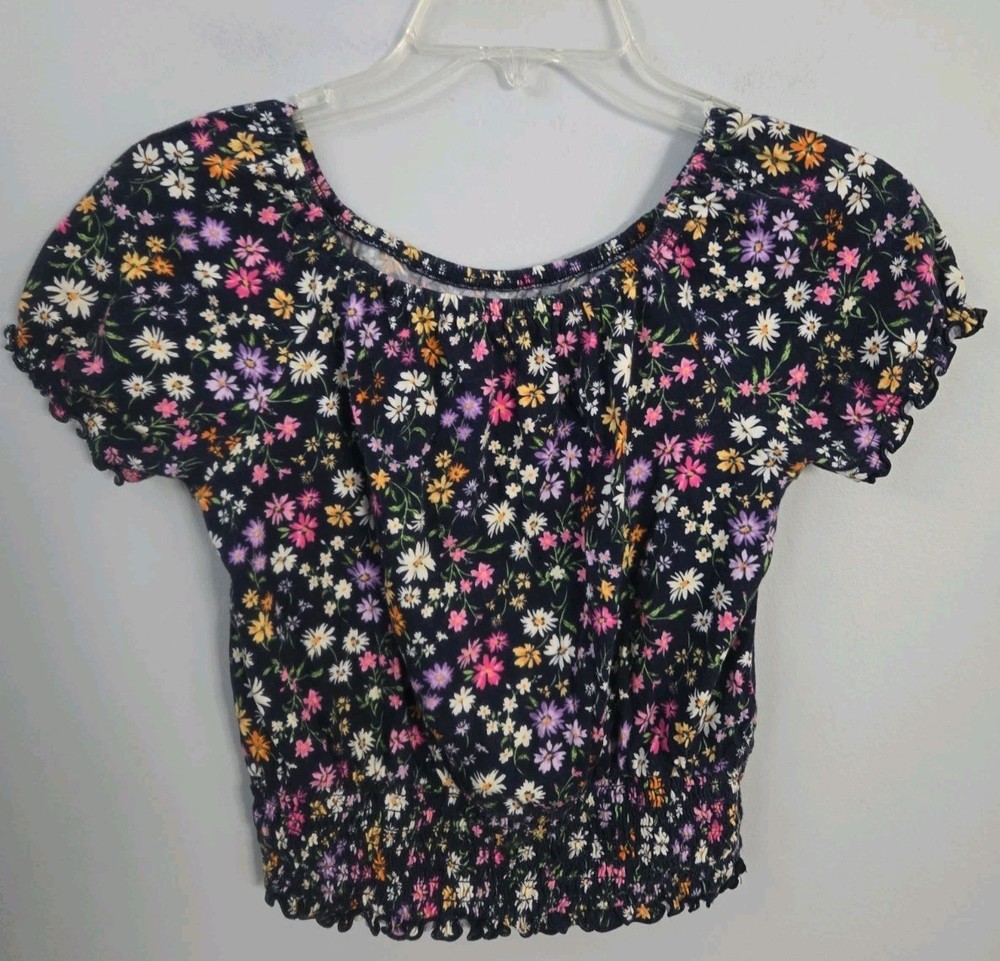Old Navy Girls Floral Smocked Crop Top Blouse Large 10-12 Navy Multicolor...