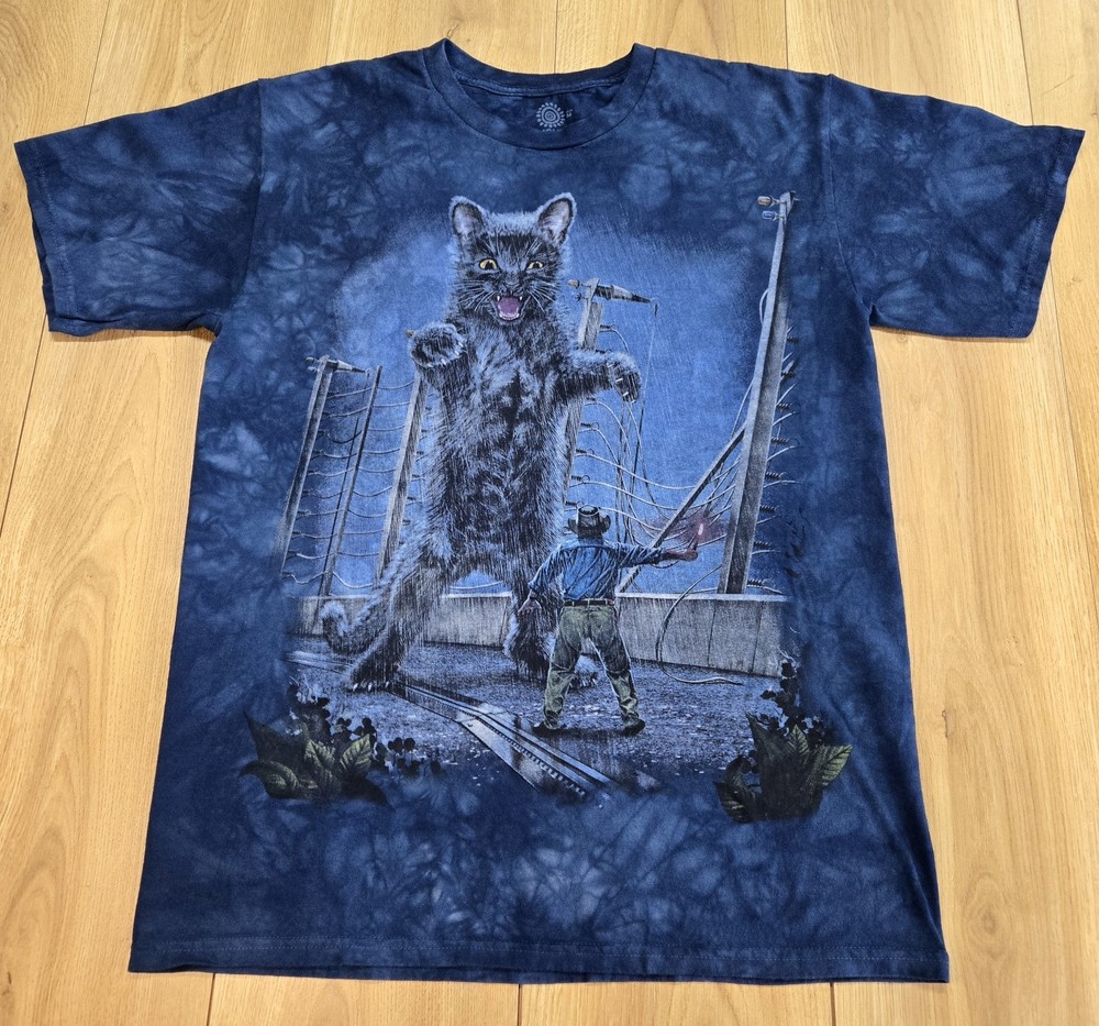 The Mountain Jurassic Kitty T-Shirt Mens Sz Medium, Blue Tie-Dye, Short Sleeve