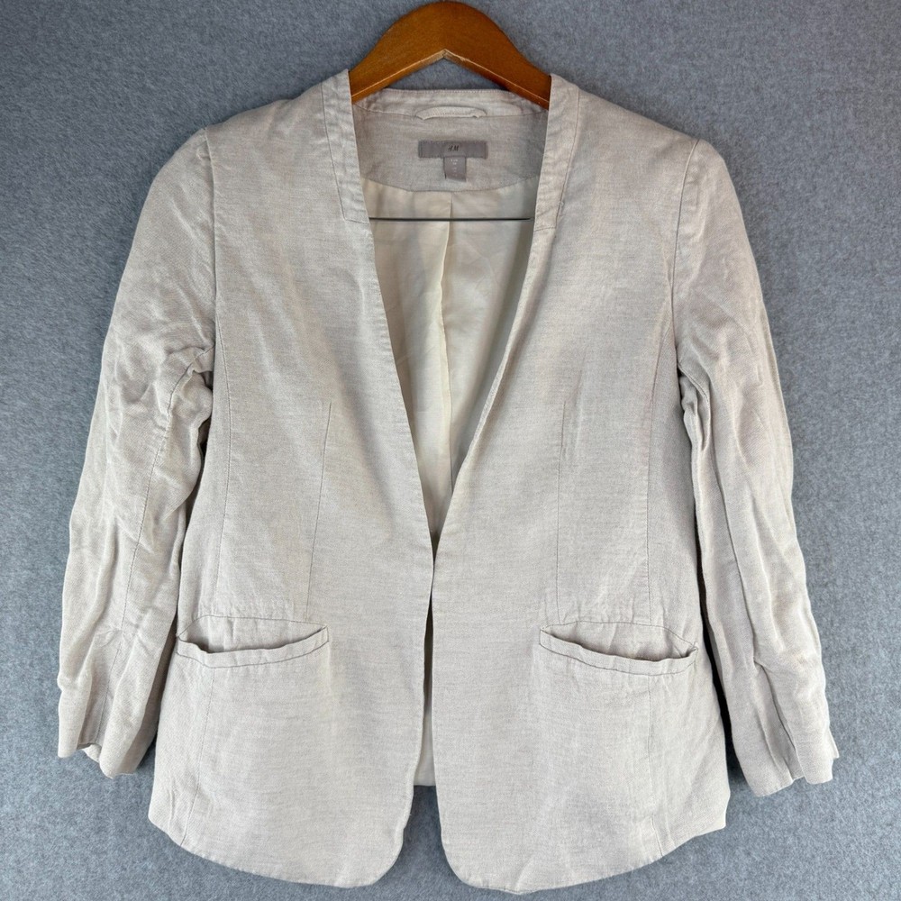 H&M Ivory Linen-Like Cropped Blazer Size 6 Coastal Lightweight Casual Preppy