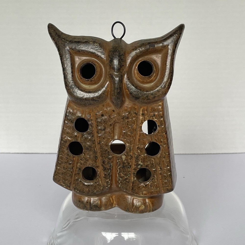 Vintage 70s MCM Ceramic Owl Tealight Votive Candle Holder Lantern Incense Burner
