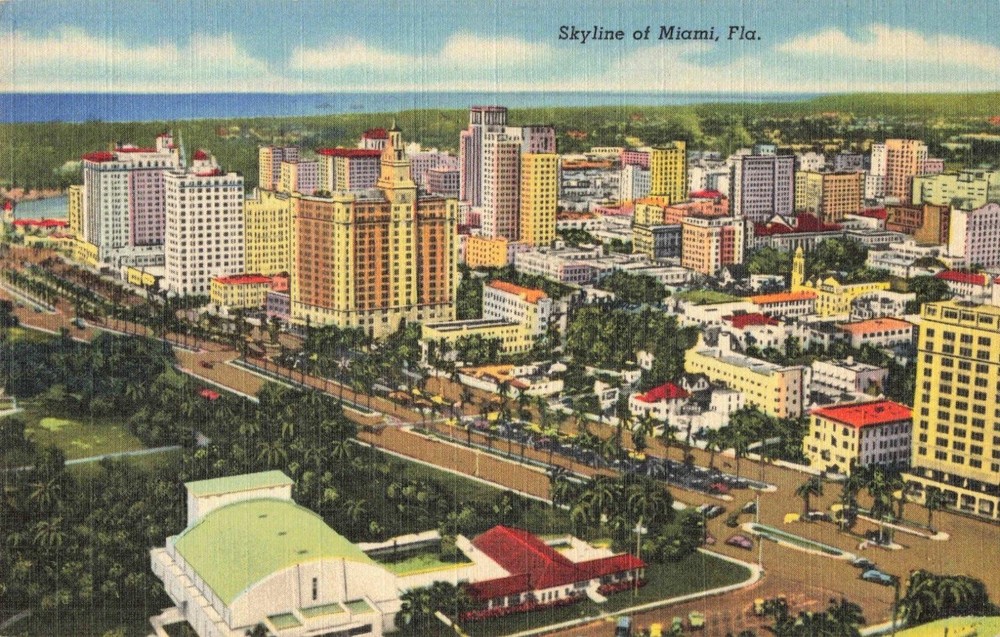 Miami FL Florida, City Skyline Aerial View, Vintage Postcard
