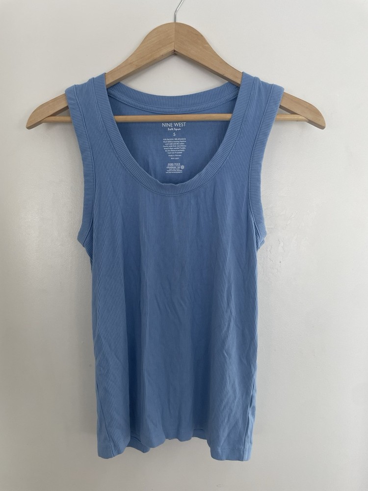 Nine West Soft Spun Women's Rayon Rib-Knit Sleeveless Scoop Neck Tank Top Blue S