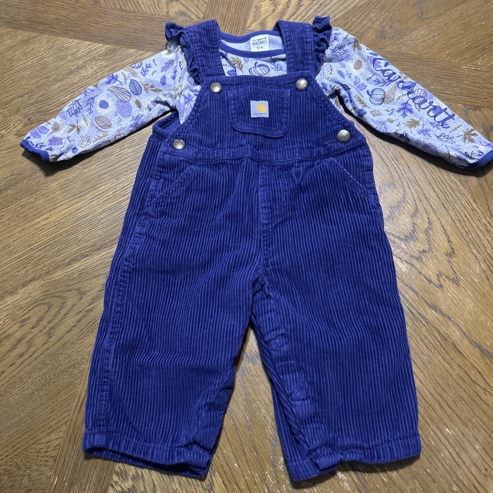 Carhartt Girls Purple Corduroy Overalls and Pumpkin Bodysuit Set 12M