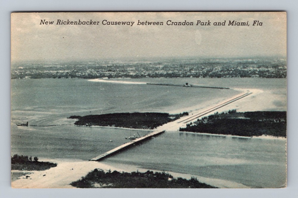 Miami FL-Florida Aerial New Rickenbacker Causeway Crandon Park Vintage Postcard
