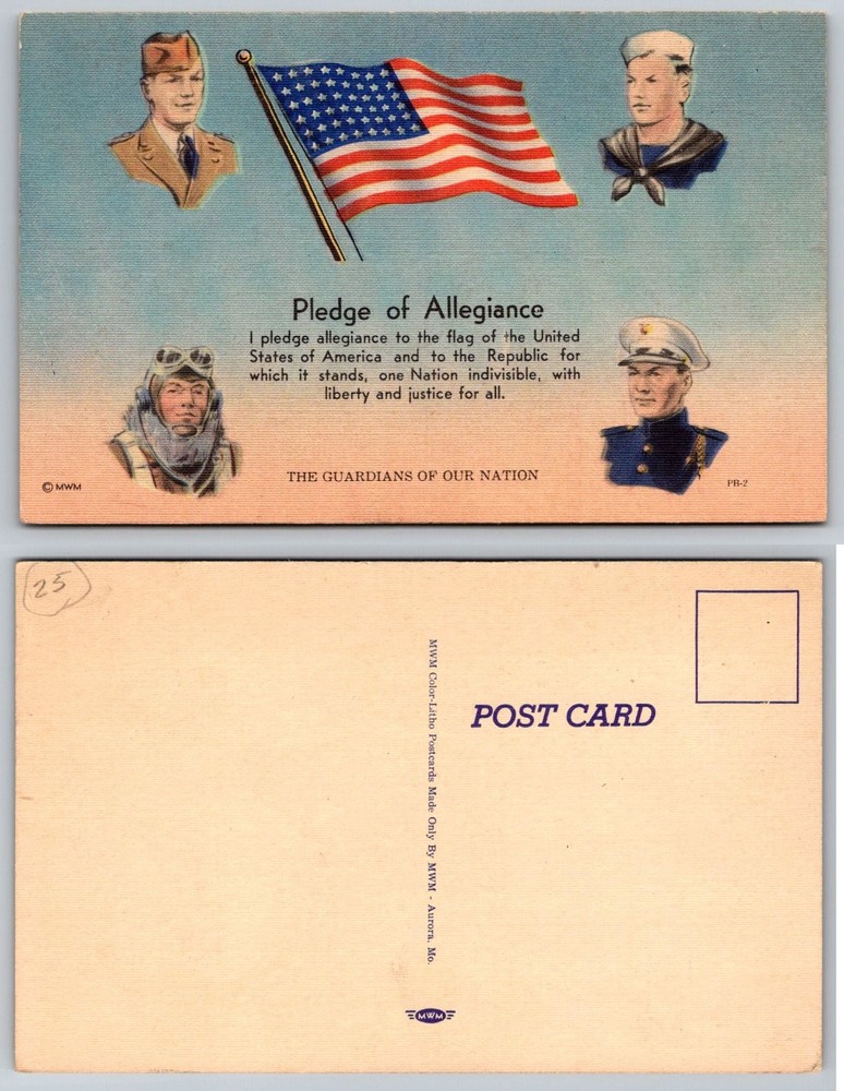 Vintage MWM Pledge of Allegiance Linen Postcard US Military Guardians PB-2