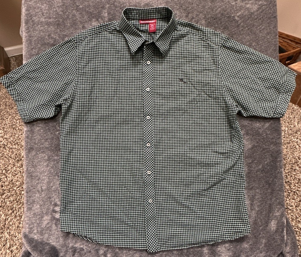 Rocawear Men’s 2XL Plaid Button-Up Short Sleeve Shirt Teal Black Check Cotton
