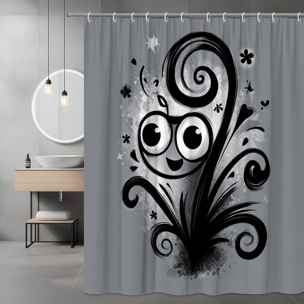 Black and Gray Cartoon Floral Shower Curtain Graphic Print
