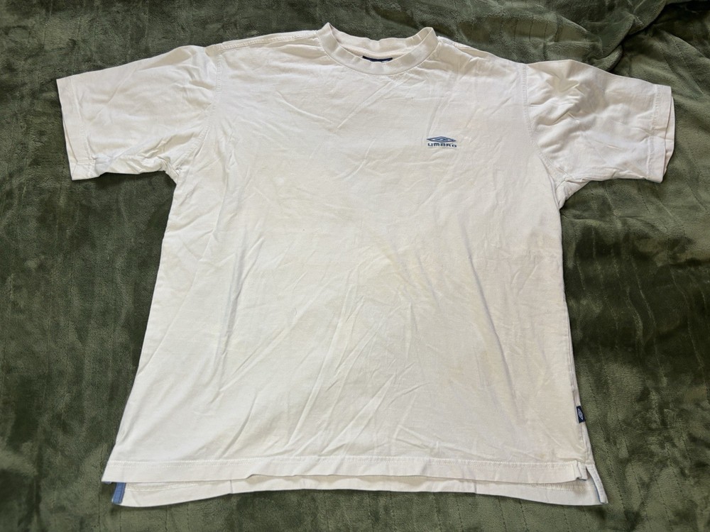 Vintage Umbro Soccer Shirt Mens Large Ivory Cream Embroidered Logo Athletic Tee