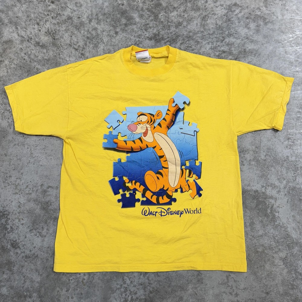 Vintage Disney Tigger Shirt Mens Large Yellow Walt Disney World Puzzle Pooh 90s